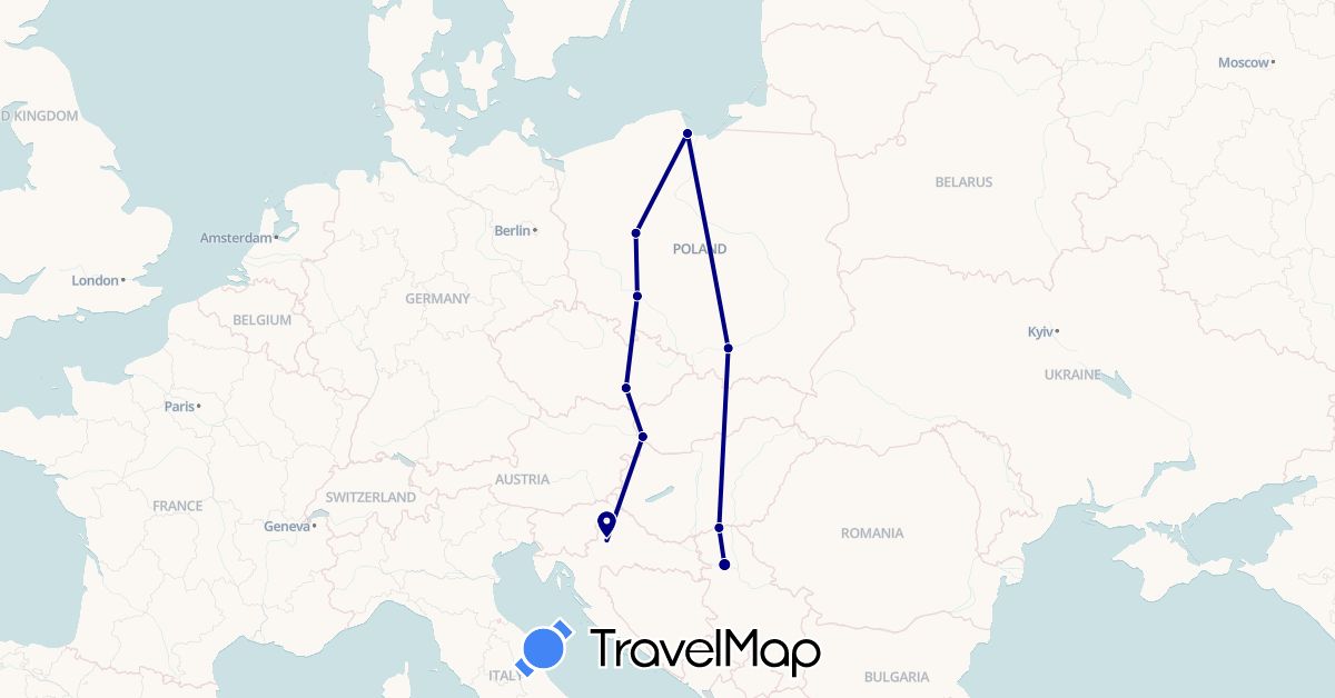 TravelMap itinerary: driving in Czech Republic, Croatia, Poland, Serbia, Slovakia (Europe)